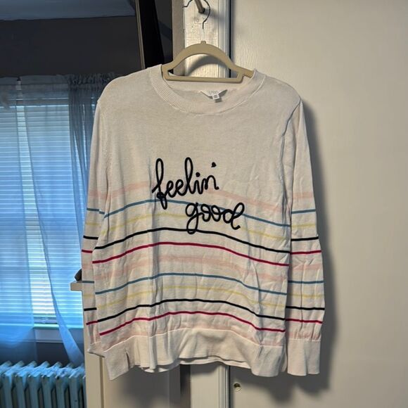 Time and Tru Pink and White Crew Neck Sweater with Retro Stripes - Picture 1 of 3
